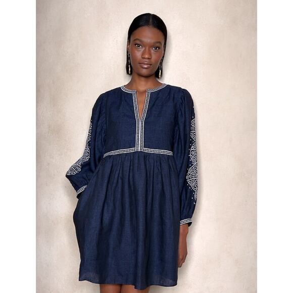 BANANA REPUBLIC Yara Embroidered Linen Mini Dress L Large Parachute Sleeve - Picture 2 of 11